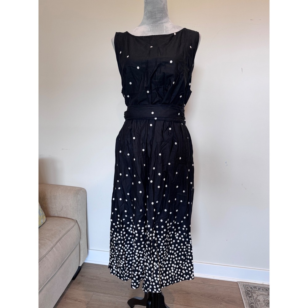 Ann Taylor Factory Black White Polka Dot Midi Dress Sleeveless Tie Waist XL